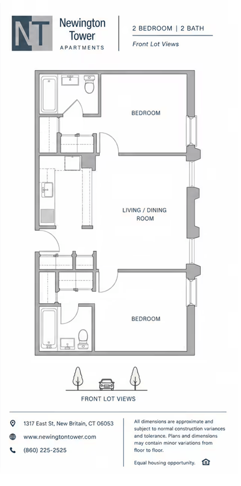 Floor plan for 2 beds, 2 baths, 940 sqft